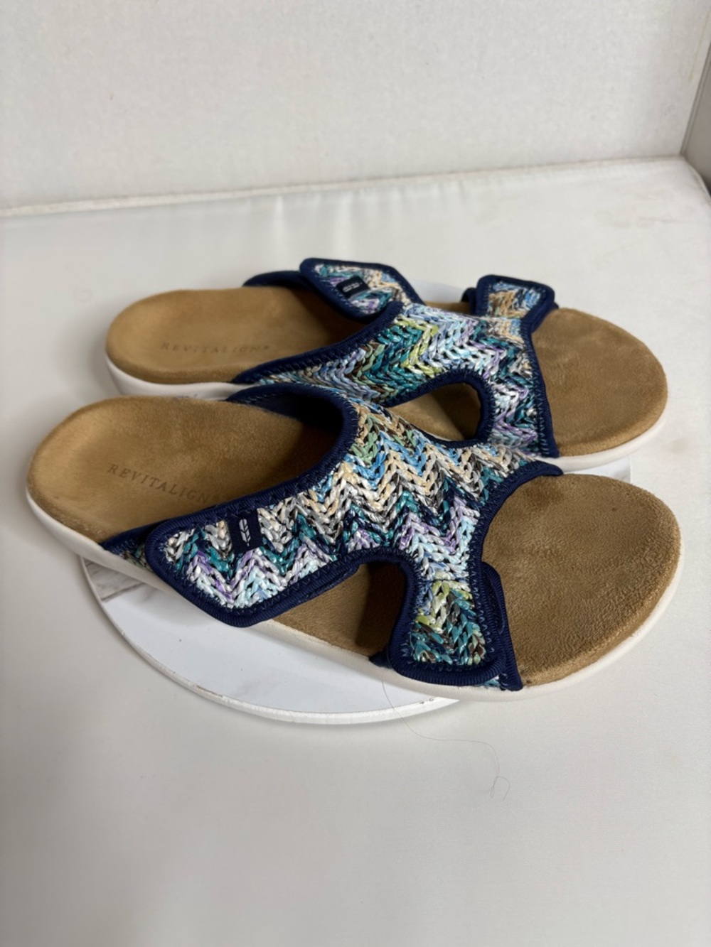 REVITALIGN Navy-Trim Multicolor Woven Slide Sandals size 10B